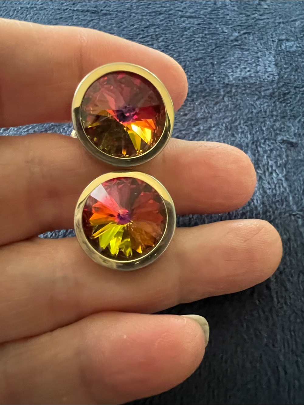 Retro 1960s Gold Tone Bezel Set Fiery Orange Crystal Cuff Links - Picture 3 of 3